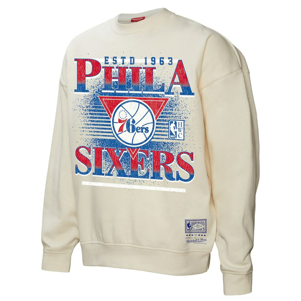 Philadelphia 76ers Women's Oversprayed Pullover Sweatshirt Cream - Mitchell & Ness