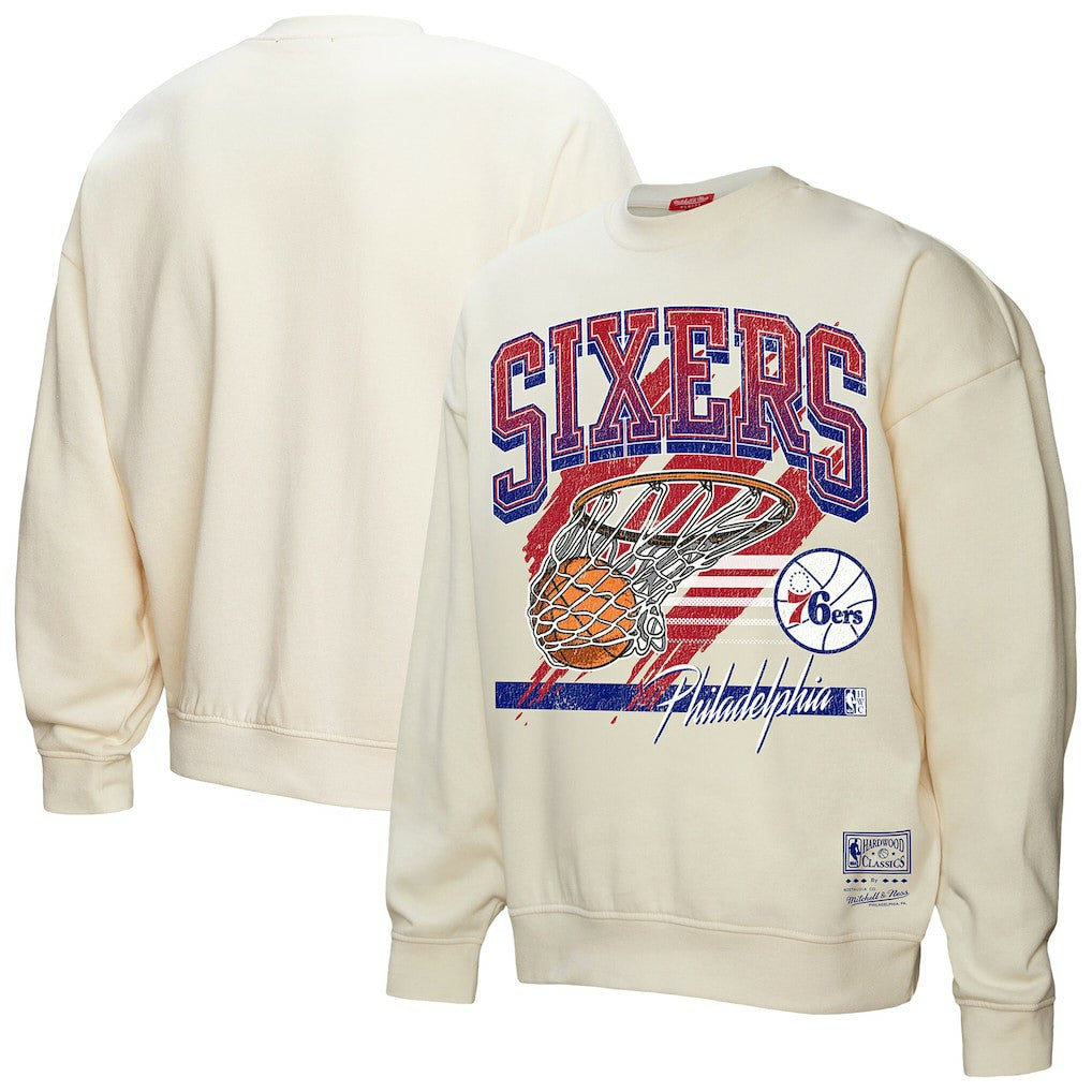 Philadelphia 76ers Women's Brush Bucket Pullover Sweatshirt Cream - Mitchell & Ness