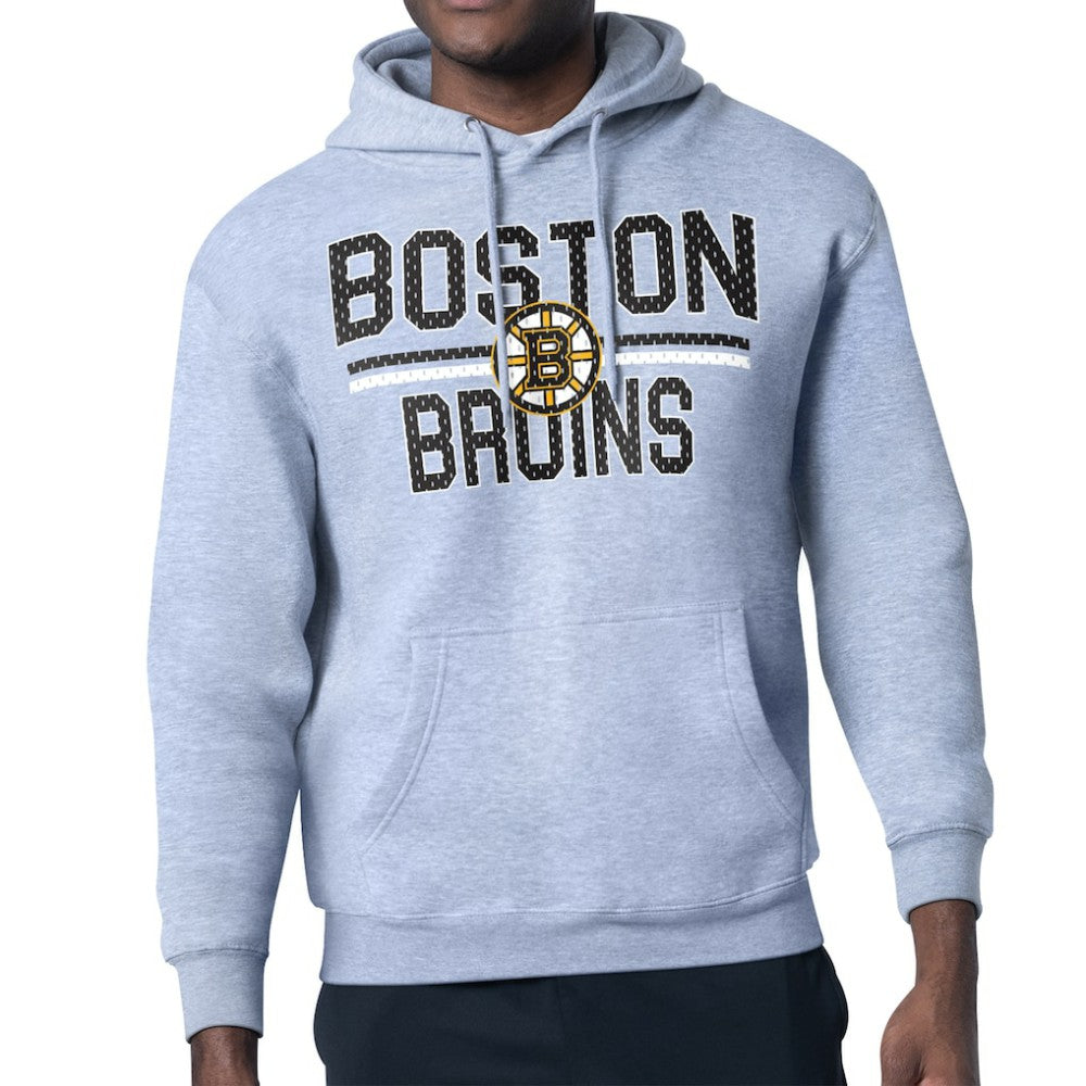 Boston Bruins Starter Mesh Look Team Name Logo Tri-Blend Pullover Hoodie - Heather Gray | US 202296756