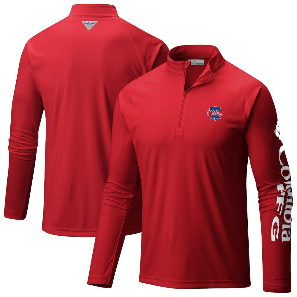 Philadelphia Phillies Columbia Terminal Tackle Raglan Omni-Shade Quarter-Zip Pullover Top - Red Pullover