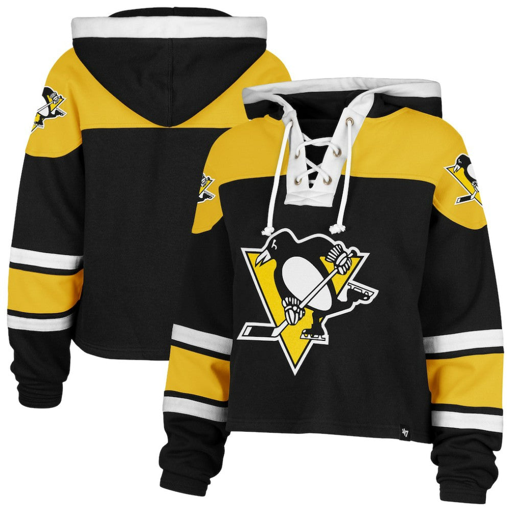 Pittsburgh Penguins '47 Women's Cropped Superior Lacer Pullover Hoodie - Black | US 202318477
