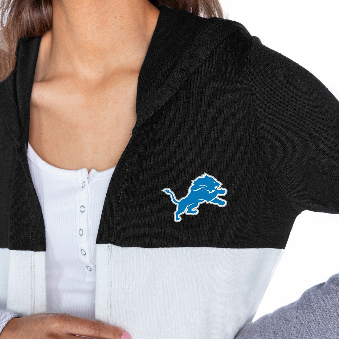Detroit Lions Gameday Couture Women's Tri-Blend Color Block Lightweight Cardigan Hoodie - Black Hoodies