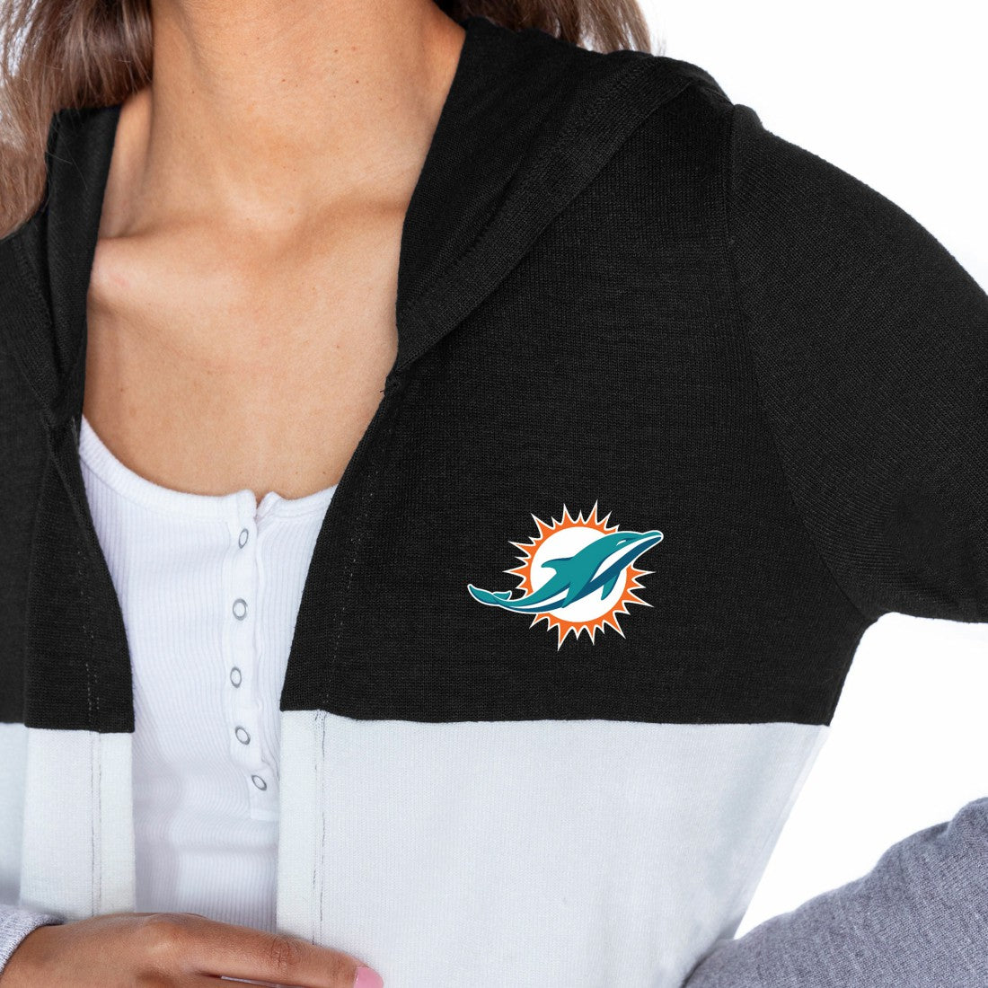 Miami Dolphins Gameday Couture Women's Tri-Blend Color Block Lightweight Cardigan Hoodie - Black Hoodies