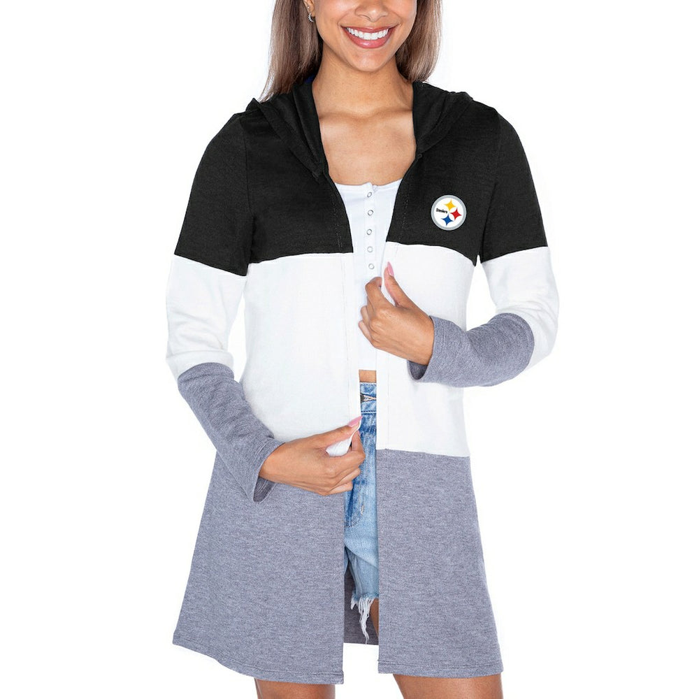 Pittsburgh Steelers Gameday Couture Women's Tri-Blend Color Block Lightweight Cardigan Hoodie - Black Hoodies