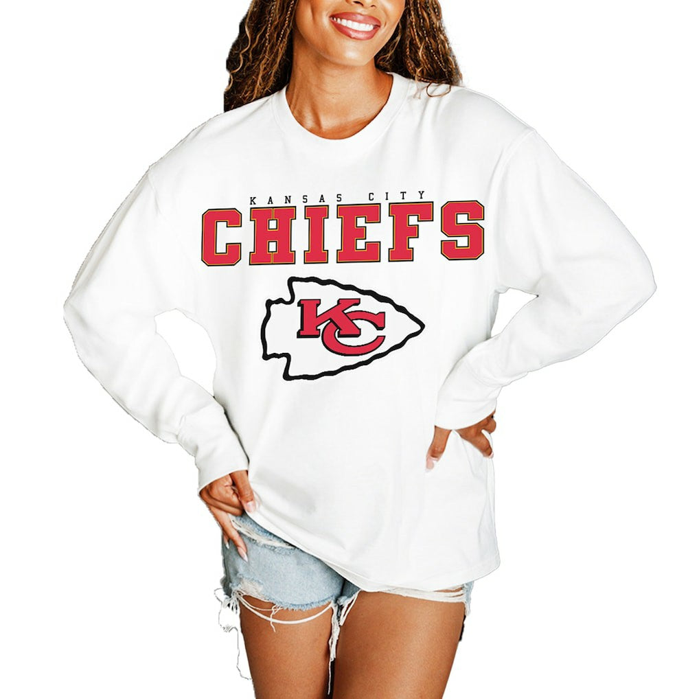 Kansas City Chiefs Gameday Couture Women's Big Goals Oversized Long Sleeve T-Shirt - White T-shirts