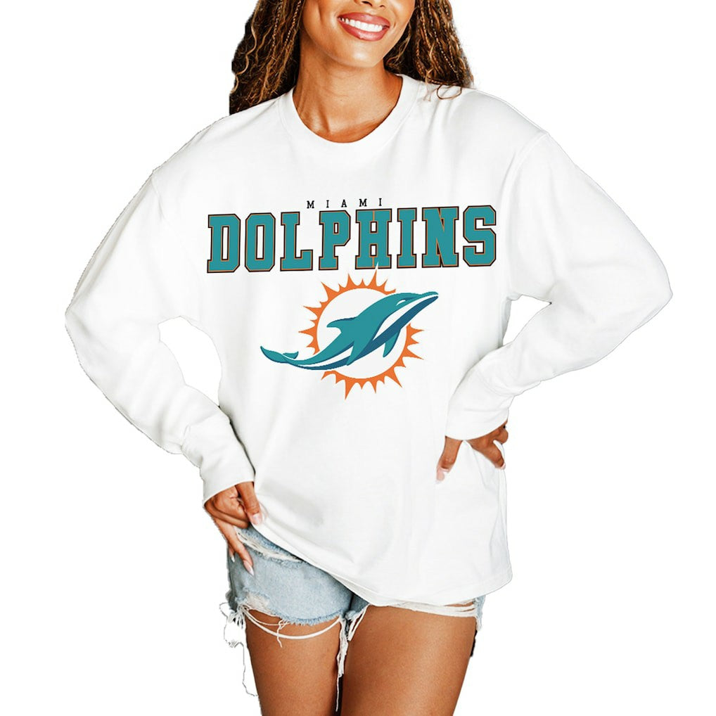 Miami Dolphins Gameday Couture Women's Big Goals Oversized Long Sleeve T-Shirt - White T-shirts