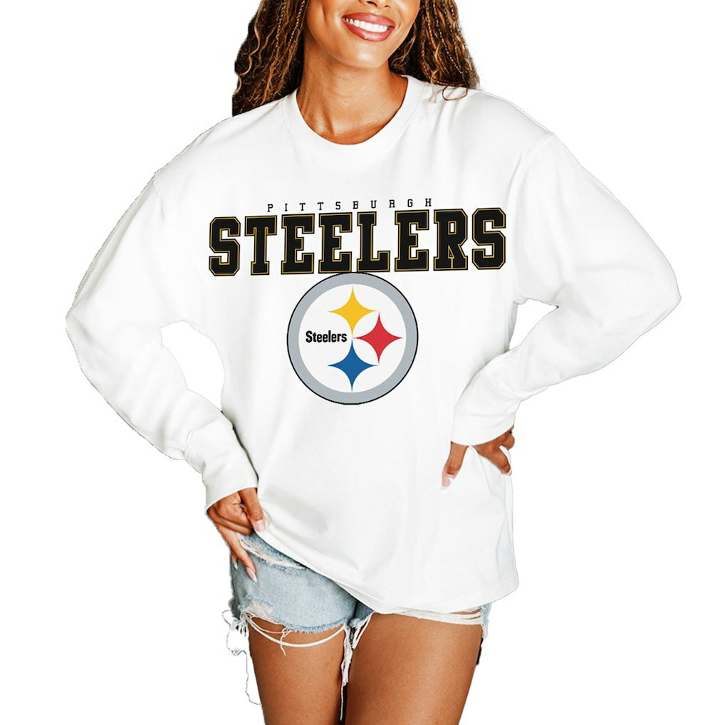 Pittsburgh Steelers Gameday Couture Women's Big Goals Oversized Long Sleeve T-Shirt - White T-shirts