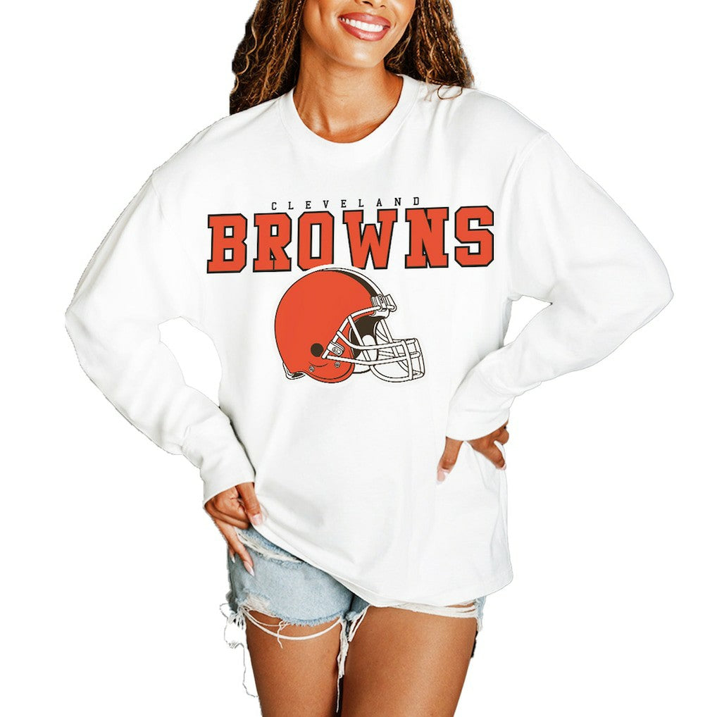 Cleveland Browns Gameday Couture Women's Big Goals Oversized Long Sleeve T-Shirt - White T-shirts