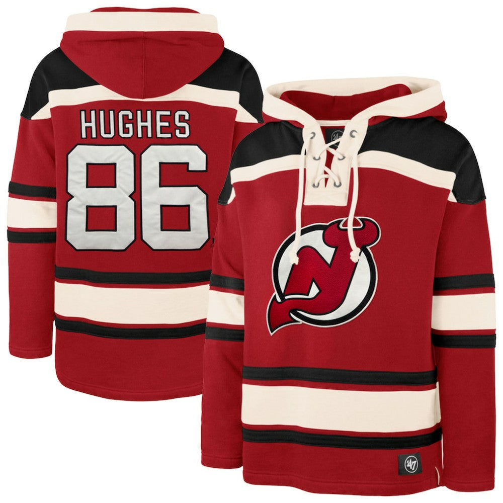 Jack Hughes New Jersey Devils '47 Big & Tall Lace-up Pullover Hoodie - Red | US 202331507