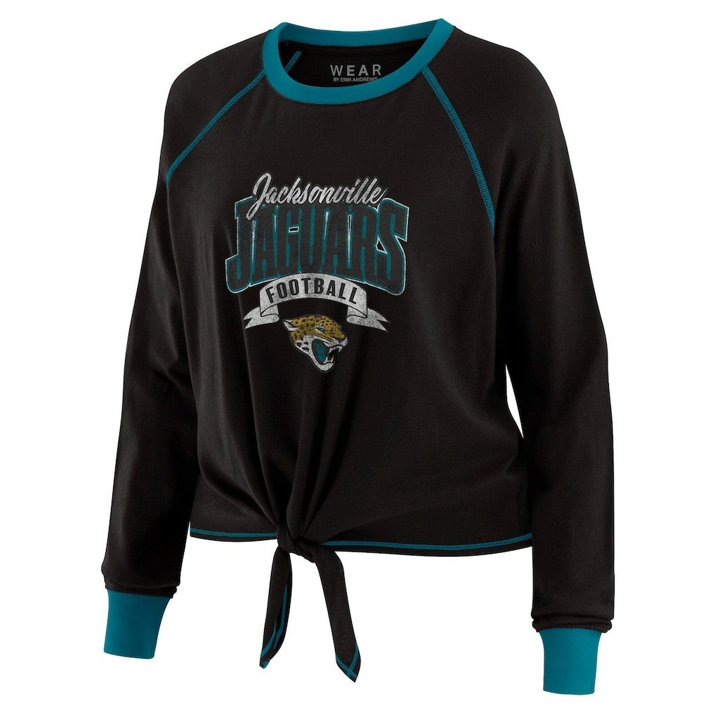 Jacksonville Jaguars WEAR by Erin Andrews Women's Plus Size Tie-Front Long Sleeve Top - Black/Teal Tops