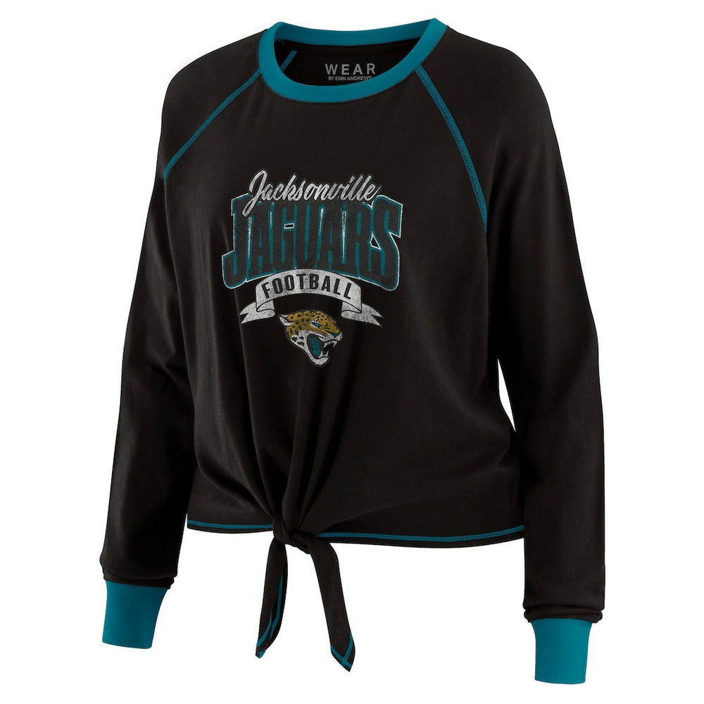 Jacksonville Jaguars WEAR by Erin Andrews Women's Plus Size Tie-Front Long Sleeve Top - Black/Teal Tops