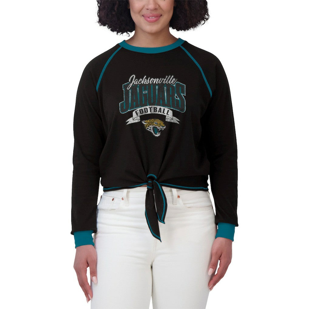 Jacksonville Jaguars WEAR by Erin Andrews Women's Plus Size Tie-Front Long Sleeve Top - Black/Teal Tops