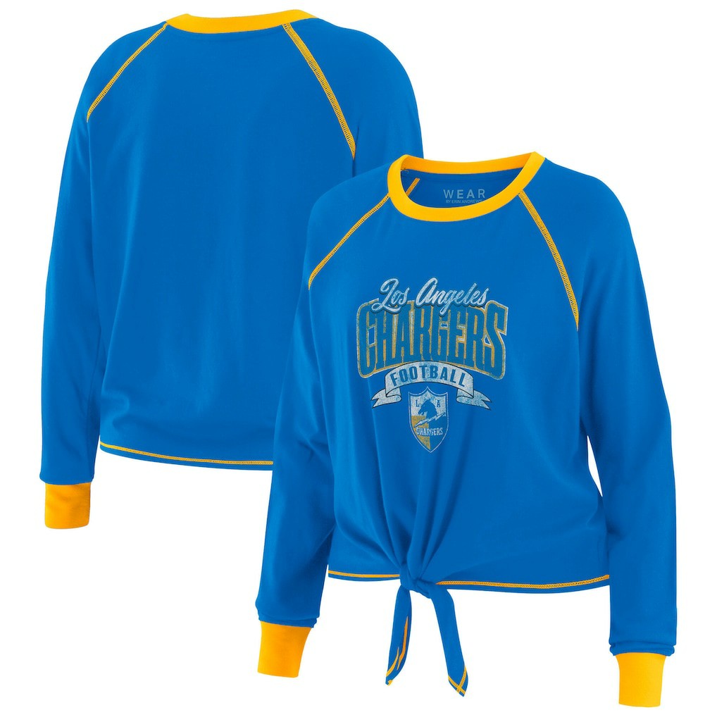 Los Angeles Chargers WEAR by Erin Andrews Women's Plus Size Tie-Front Long Sleeve Top - Powder Blue/Gold Tops