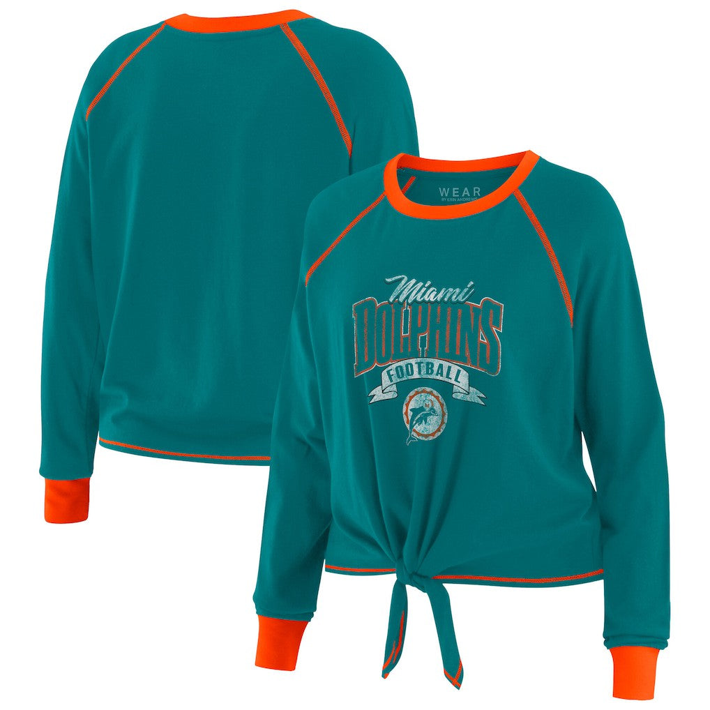 Miami Dolphins WEAR by Erin Andrews Women's Plus Size Tie-Front Long Sleeve Top - Aqua/Orange Tops