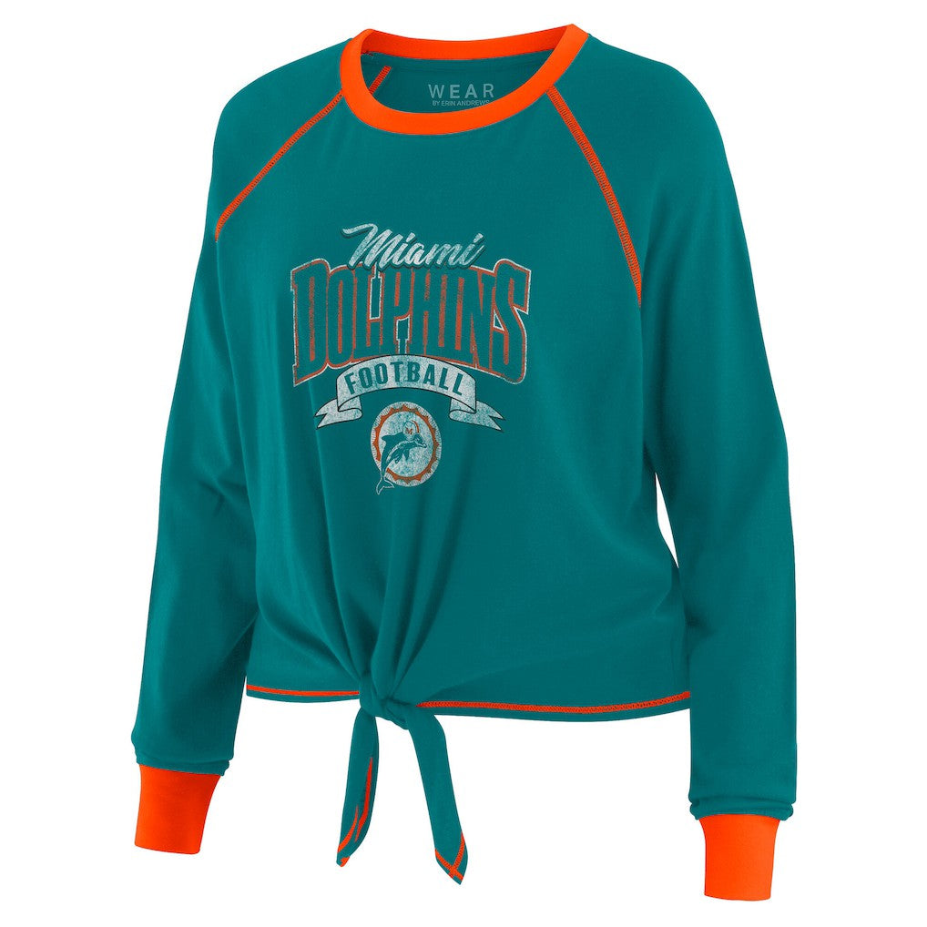 Miami Dolphins WEAR by Erin Andrews Women's Plus Size Tie-Front Long Sleeve Top - Aqua/Orange Tops