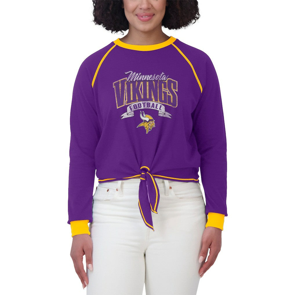 Minnesota Vikings WEAR by Erin Andrews Women's Plus Size Tie-Front Long Sleeve Top - Purple/Yellow Tops