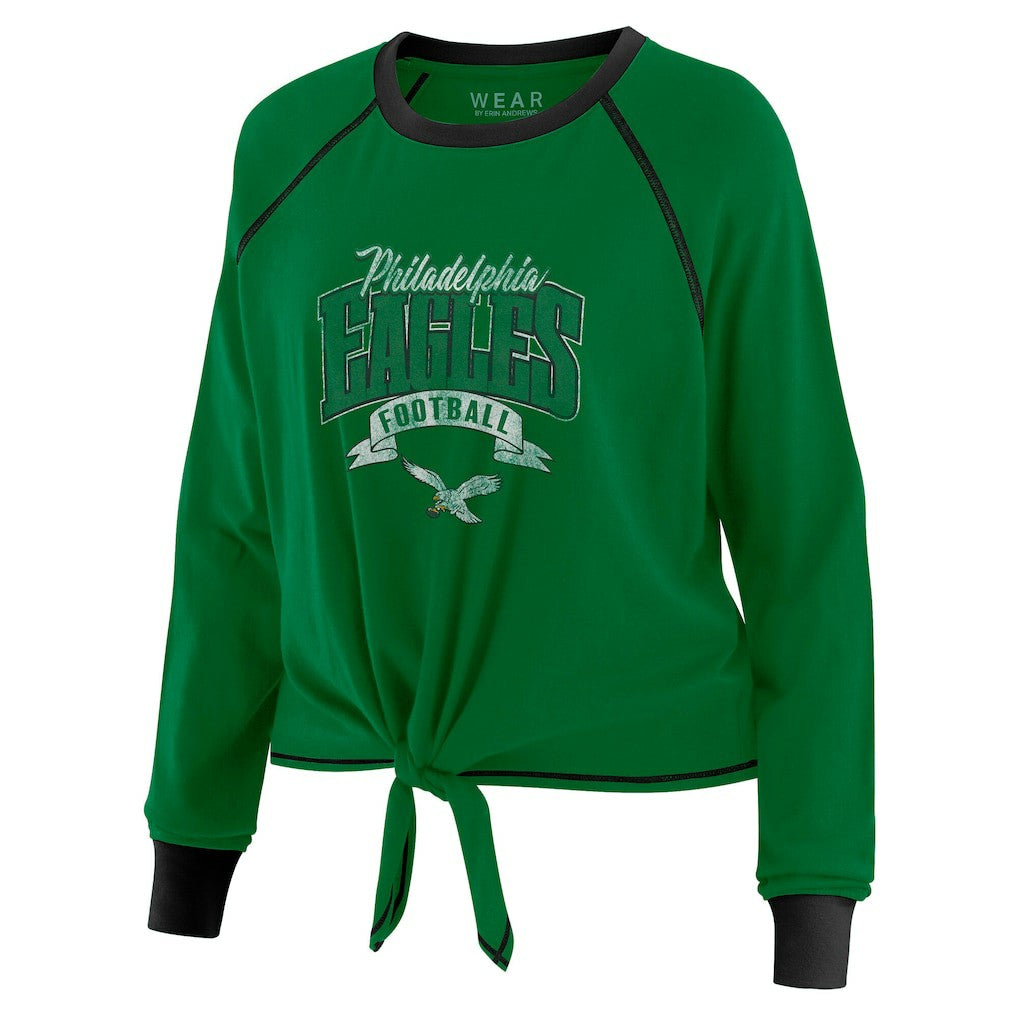 Philadelphia Eagles WEAR by Erin Andrews Women's Plus Size Tie-Front Long Sleeve Top - Green/Black Tops