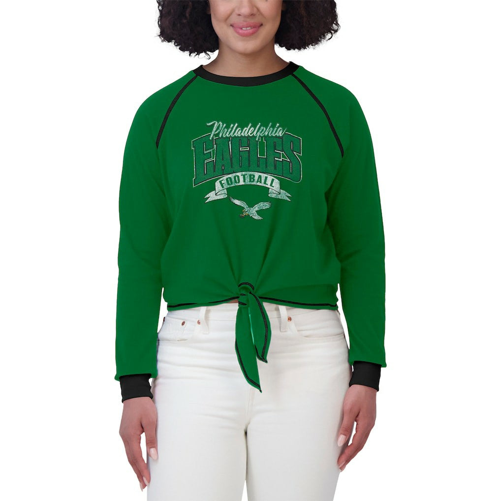 Philadelphia Eagles WEAR by Erin Andrews Women's Plus Size Tie-Front Long Sleeve Top - Green/Black Tops