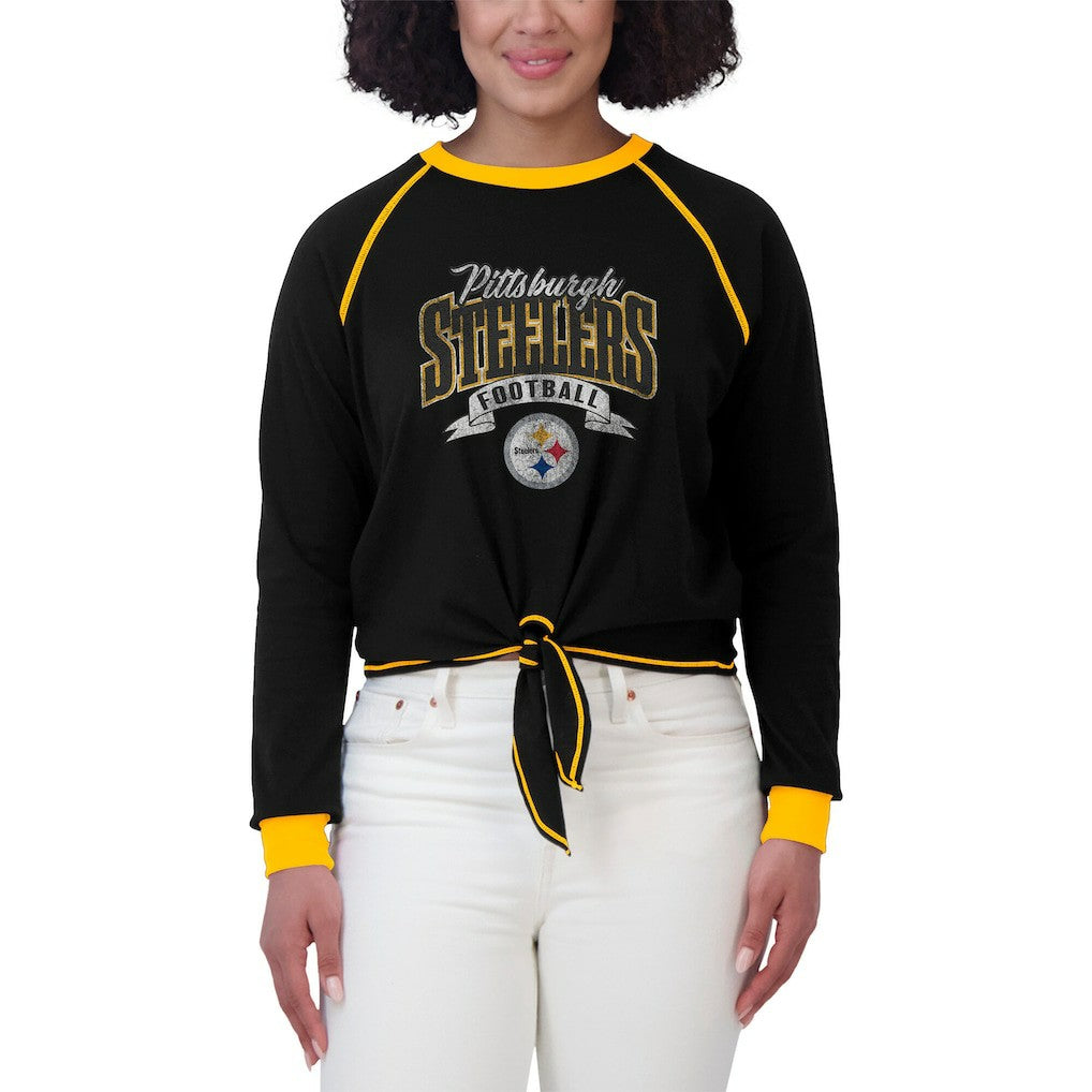 Pittsburgh Steelers WEAR by Erin Andrews Women's Plus Size Tie-Front Long Sleeve Top - Black/Gold Tops