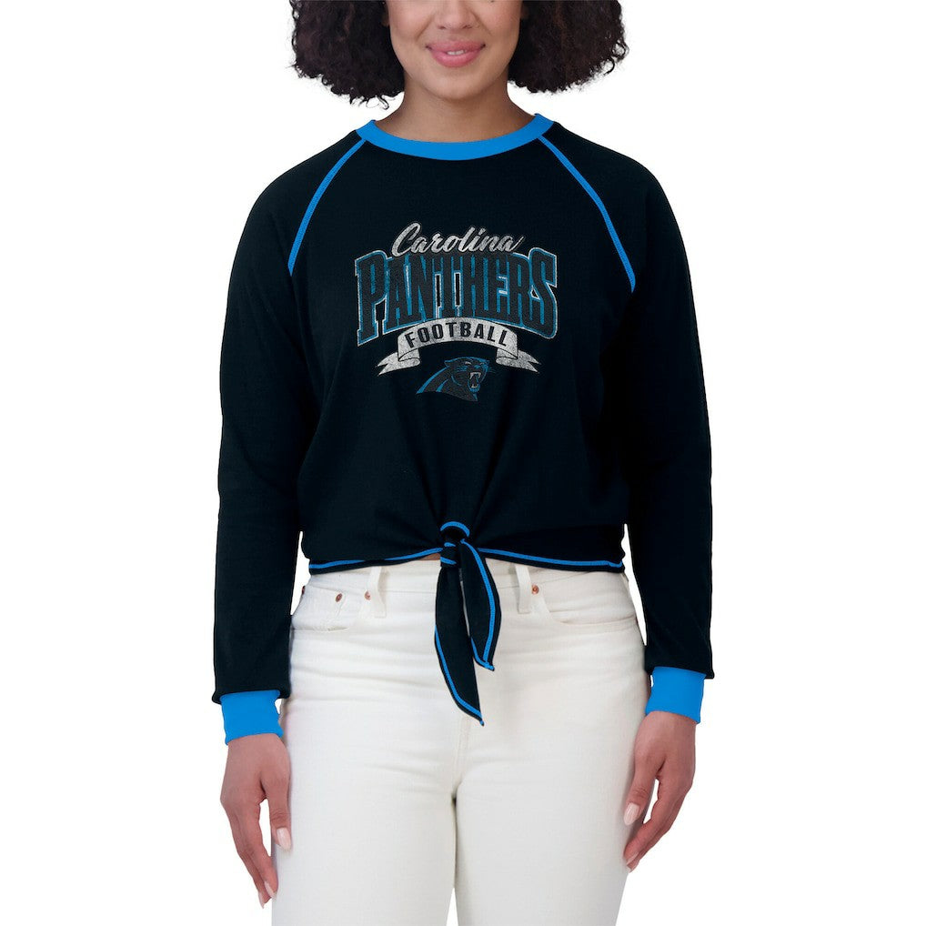 Carolina Panthers WEAR by Erin Andrews Women's Plus Size Tie-Front Long Sleeve Top - Black/Blue Tops