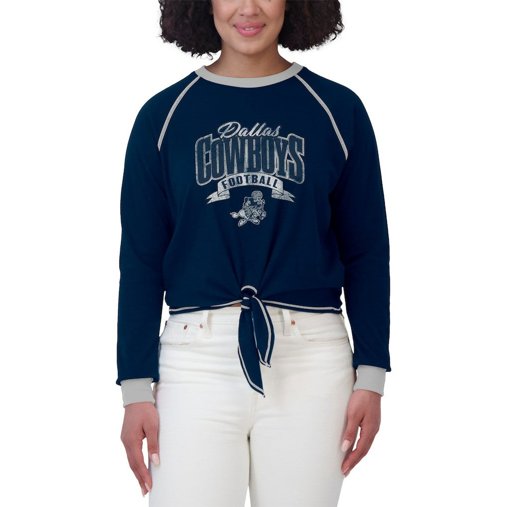 Dallas Cowboys WEAR by Erin Andrews Women's Plus Size Tie-Front Long Sleeve Top - Navy/Silver Tops