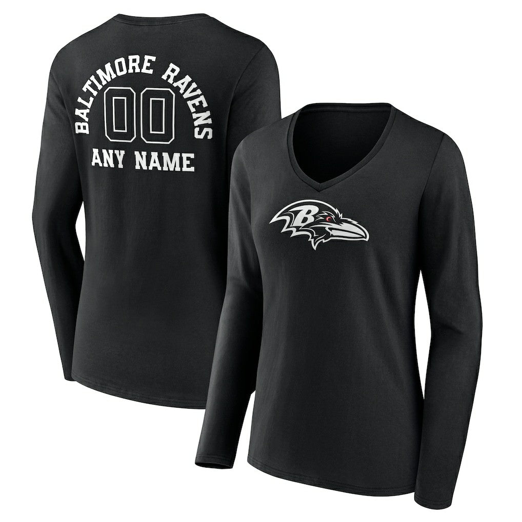 Baltimore Ravens Women's Personalized Name & Number Monochrome Long Sleeve V-Neck T-Shirt - Black T-shirts