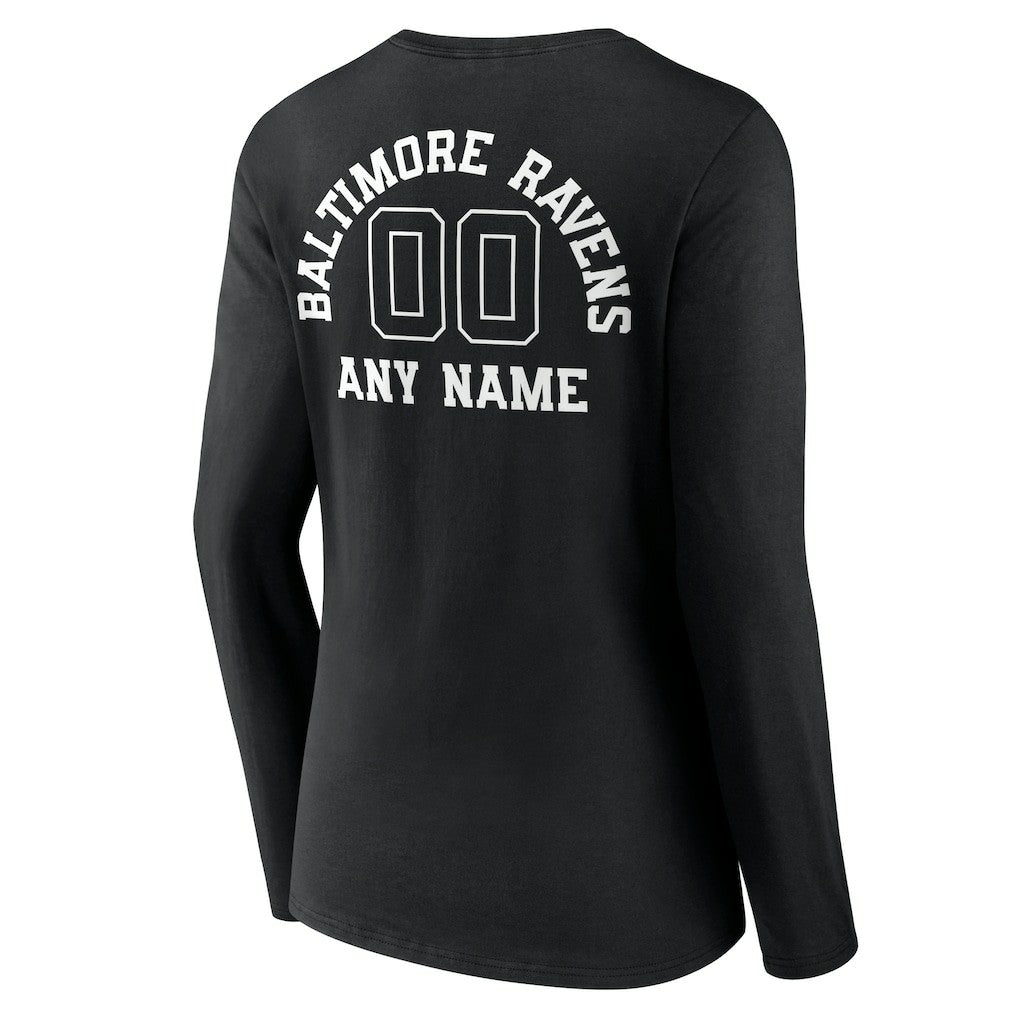 Baltimore Ravens Women's Personalized Name & Number Monochrome Long Sleeve V-Neck T-Shirt - Black T-shirts