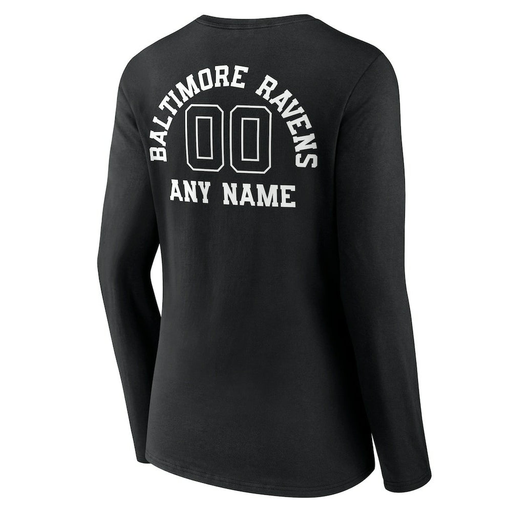 Baltimore Ravens Women's Personalized Name & Number Monochrome Long Sleeve V-Neck T-Shirt - Black T-shirts
