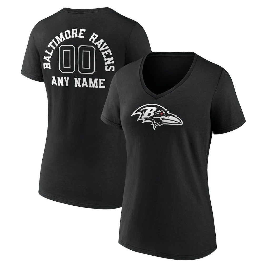 Baltimore Ravens Women's Personalized Name & Number Monochrome V-Neck T-Shirt - Black T-shirts