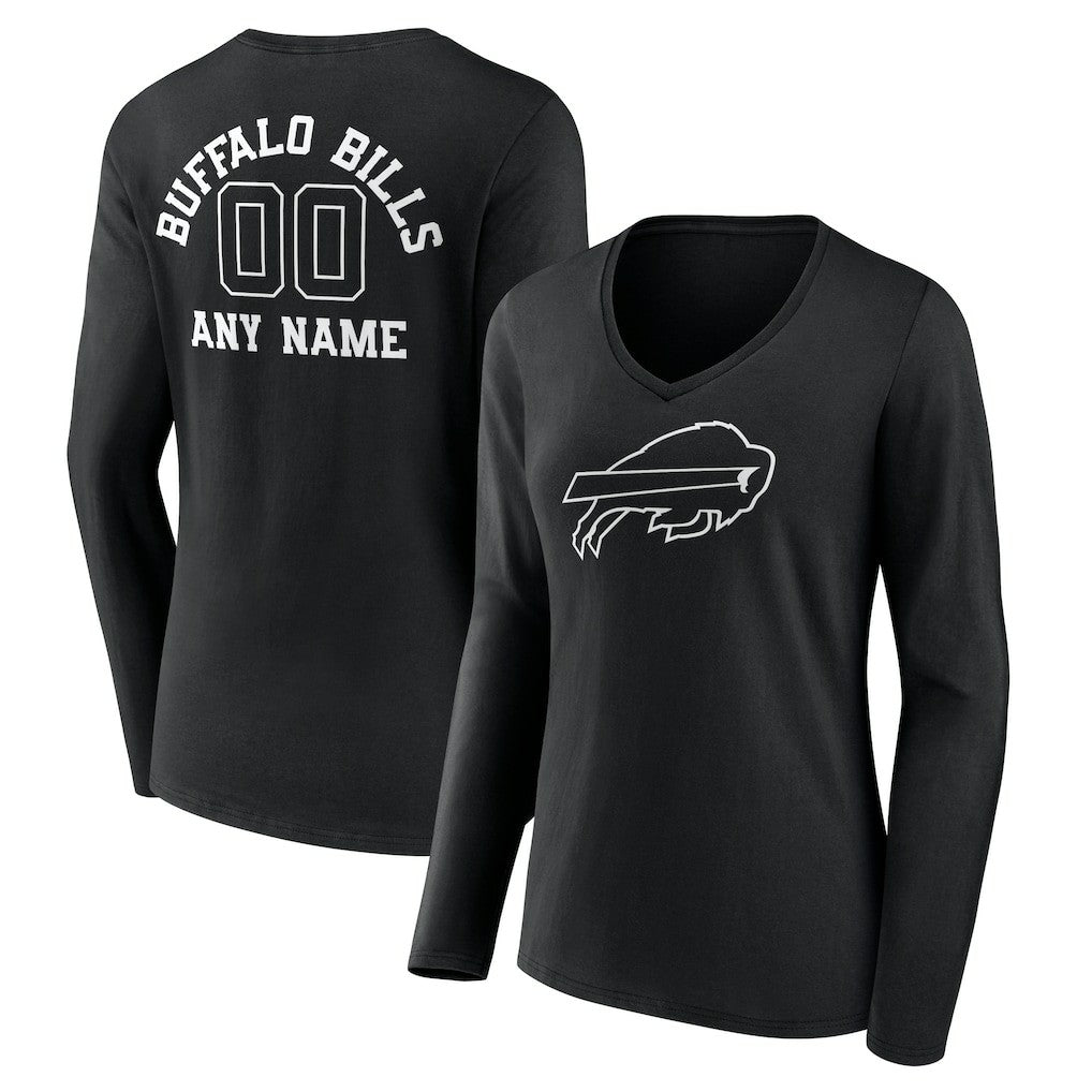 Buffalo Bills Women's Personalized Name & Number Monochrome Long Sleeve V-Neck T-Shirt - Black T-shirts