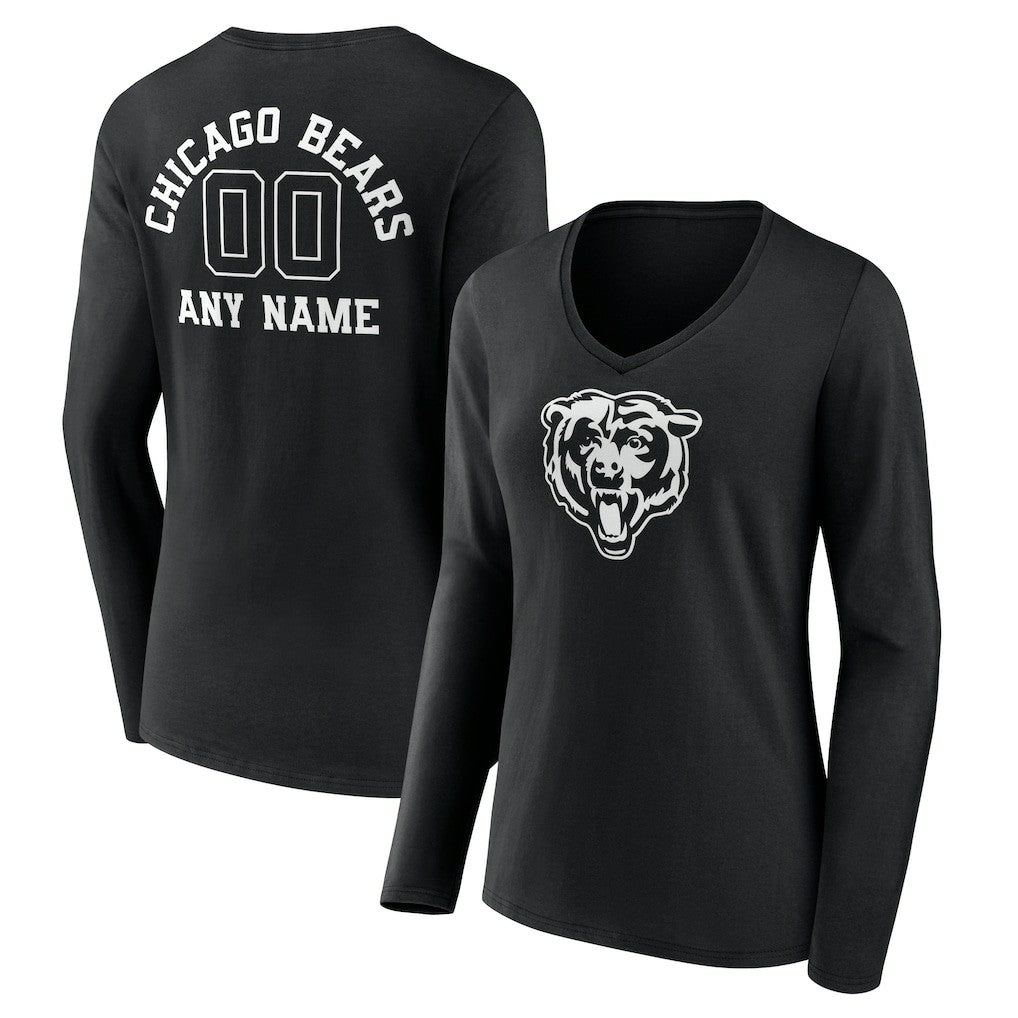 Chicago Bears Women's Personalized Name & Number Monochrome Long Sleeve V-Neck T-Shirt - Black T-shirts