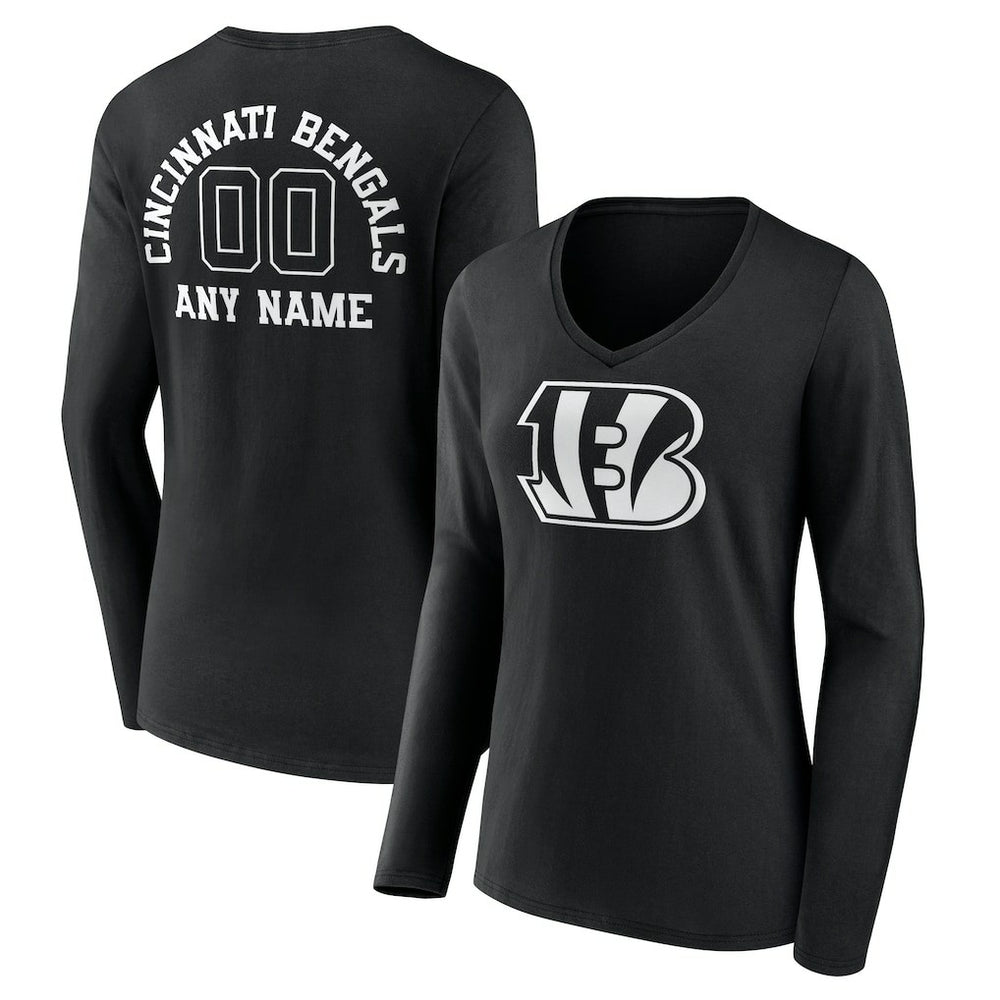 Cincinnati Bengals Women's Personalized Name & Number Monochrome Long Sleeve V-Neck T-Shirt - Black T-shirts