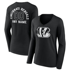 Cincinnati Bengals Women's Personalized Name & Number Monochrome Long Sleeve V-Neck T-Shirt - Black T-shirts