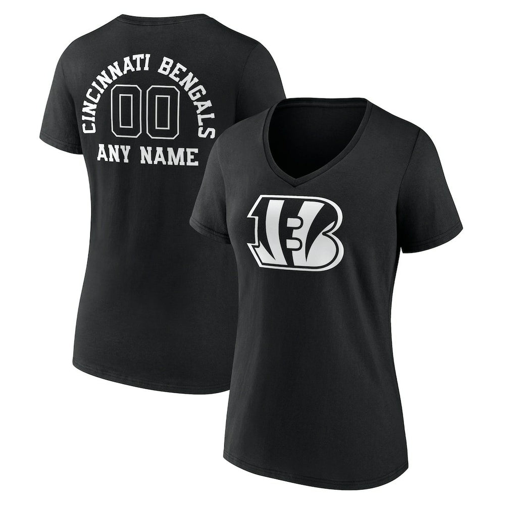 Cincinnati Bengals Women's Personalized Name & Number Monochrome V-Neck T-Shirt - Black T-shirts