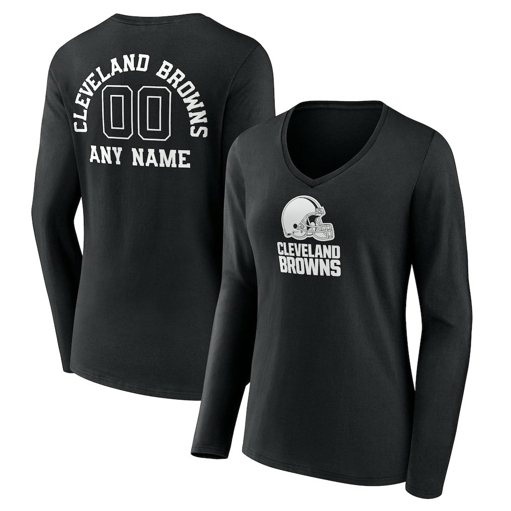 Cleveland Browns Women's Personalized Name & Number Monochrome Long Sleeve V-Neck T-Shirt - Black T-shirts