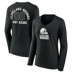 Cleveland Browns Women's Personalized Name & Number Monochrome Long Sleeve V-Neck T-Shirt - Black T-shirts