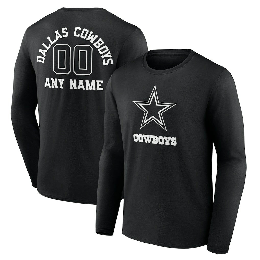 Dallas Cowboys Personalized Name & Number Monochrome Long Sleeve T-Shirt - Black T-shirts