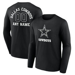Dallas Cowboys Personalized Name & Number Monochrome Long Sleeve T-Shirt - Black T-shirts