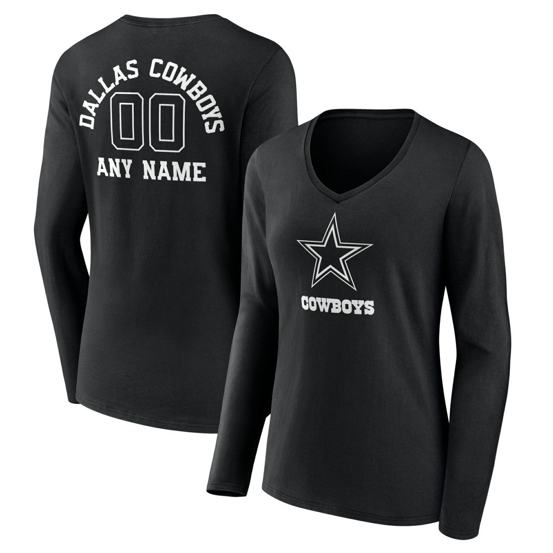 Dallas Cowboys Women's Personalized Name & Number Monochrome Long Sleeve V-Neck T-Shirt - Black T-shirts