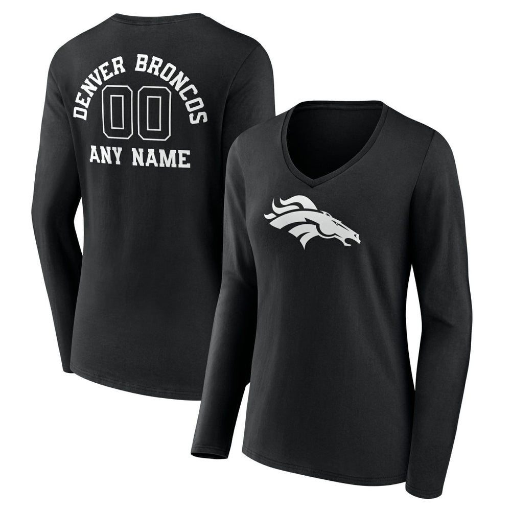 Denver Broncos Women's Personalized Name & Number Monochrome Long Sleeve V-Neck T-Shirt - Black T-shirts