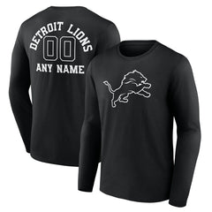 Detroit Lions Personalized Name & Number Monochrome Long Sleeve T-Shirt - Black T-shirts
