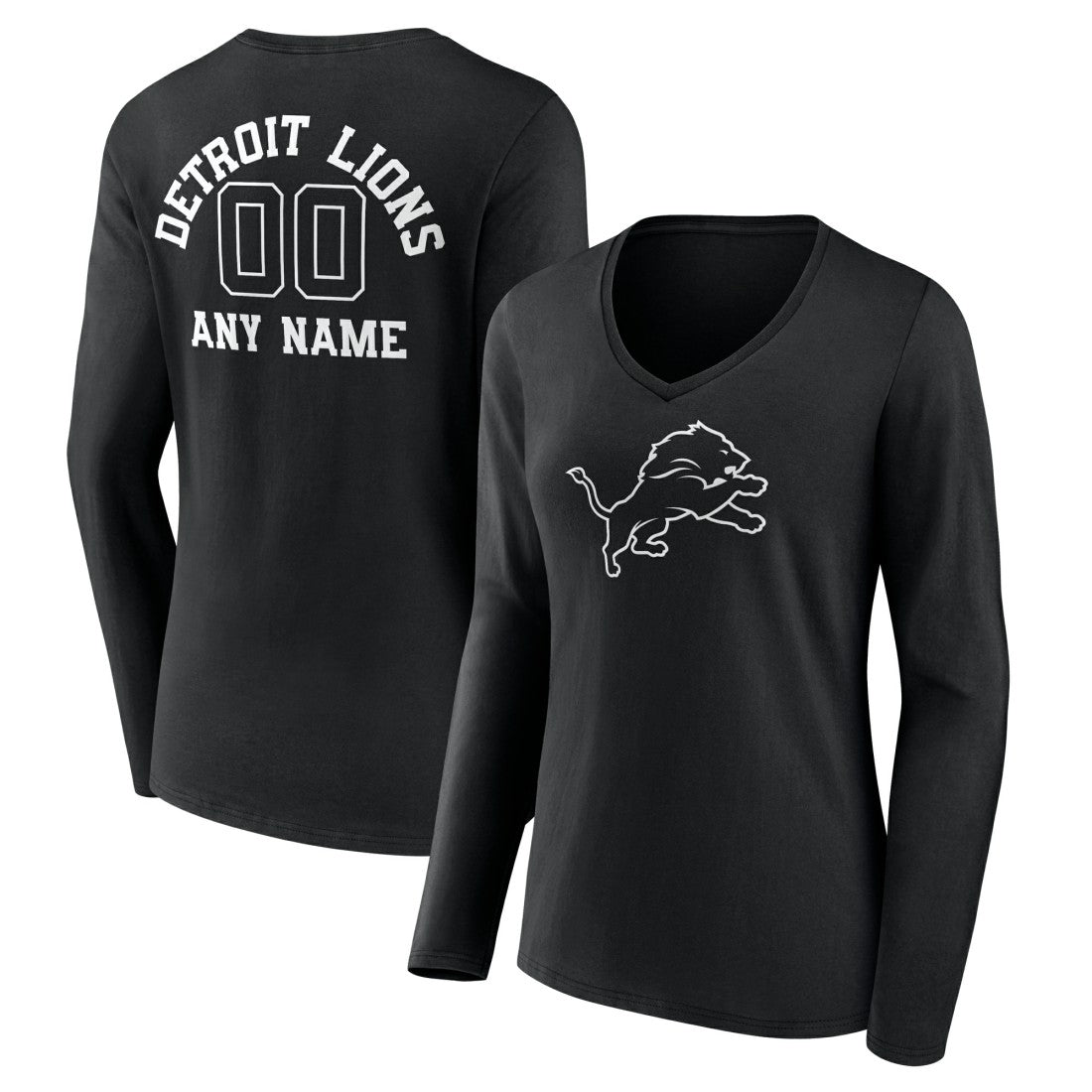 Detroit Lions Women's Personalized Name & Number Monochrome Long Sleeve V-Neck T-Shirt - Black T-shirts