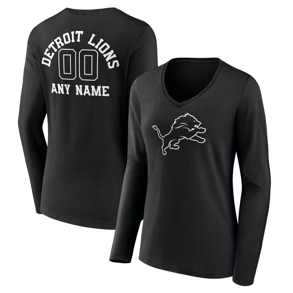 Detroit Lions Women's Personalized Name & Number Monochrome Long Sleeve V-Neck T-Shirt - Black T-shirts