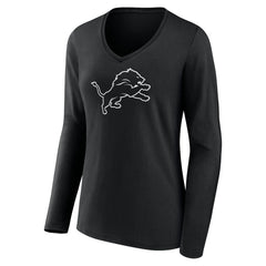 Detroit Lions Women's Personalized Name & Number Monochrome Long Sleeve V-Neck T-Shirt - Black T-shirts