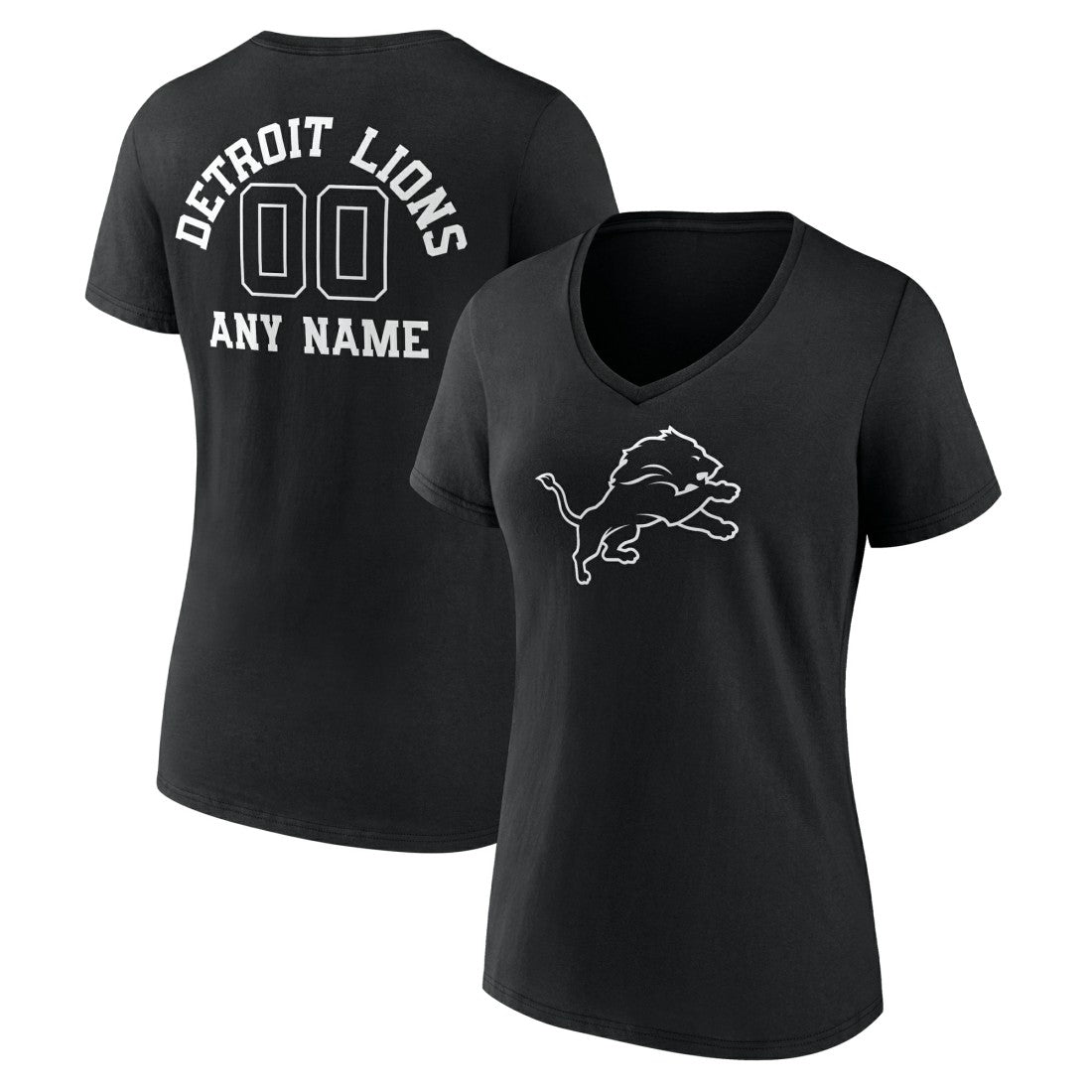 Detroit Lions Women's Personalized Name & Number Monochrome V-Neck T-Shirt - Black T-shirts