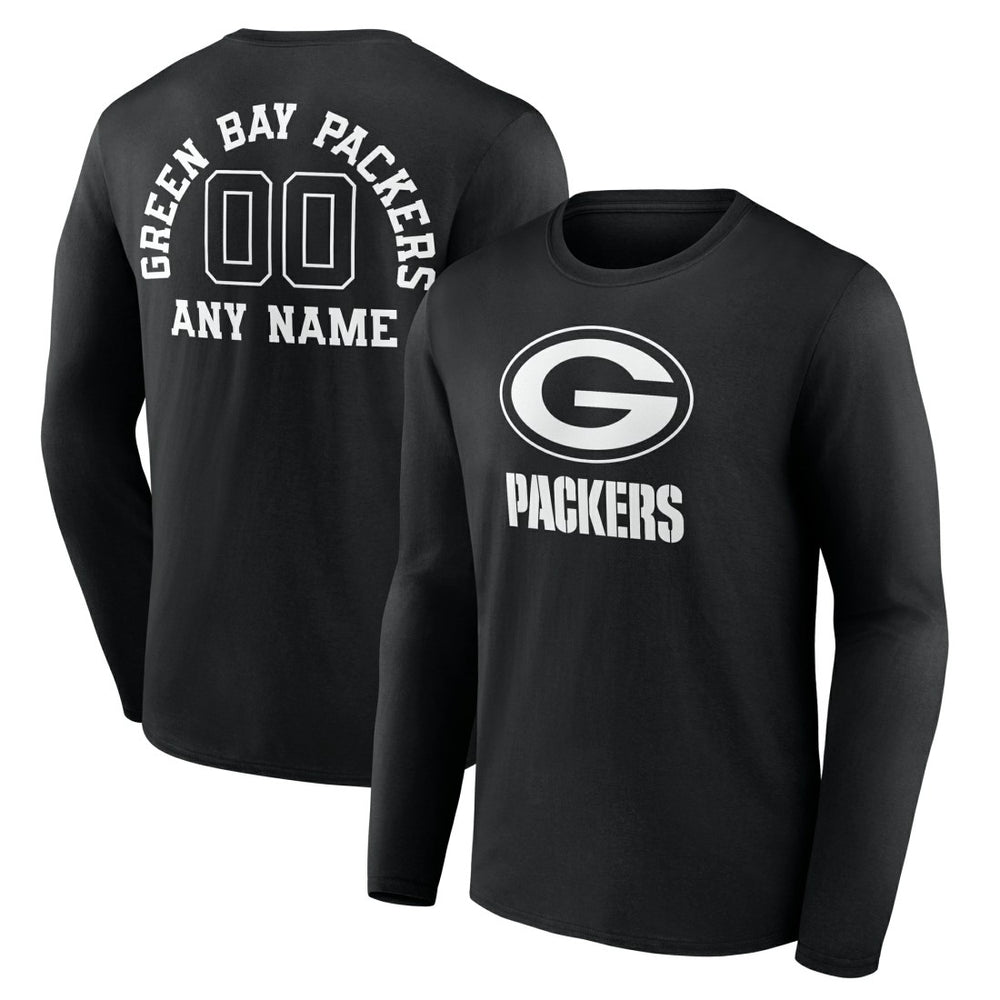 Green Bay Packers Personalized Name & Number Monochrome Long Sleeve T-Shirt - Black T-shirts