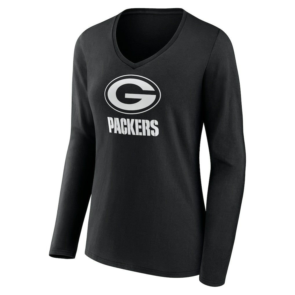 Green Bay Packers Women's Personalized Name & Number Monochrome Long Sleeve V-Neck T-Shirt - Black T-shirts