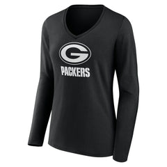 Green Bay Packers Women's Personalized Name & Number Monochrome Long Sleeve V-Neck T-Shirt - Black T-shirts