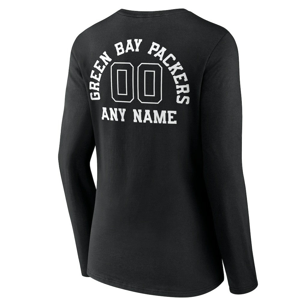 Green Bay Packers Women's Personalized Name & Number Monochrome Long Sleeve V-Neck T-Shirt - Black T-shirts