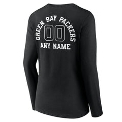 Green Bay Packers Women's Personalized Name & Number Monochrome Long Sleeve V-Neck T-Shirt - Black T-shirts